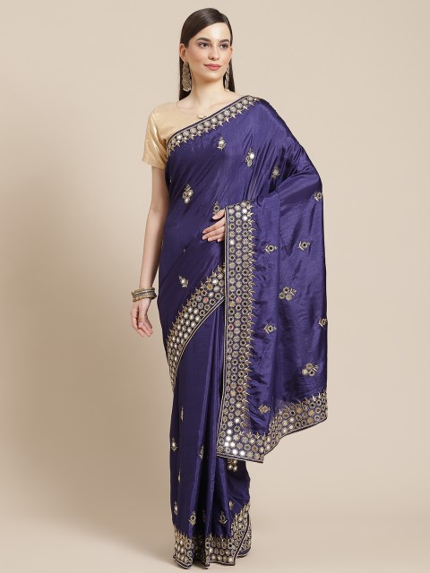 

Mameraa Blue & Gold Ethnic Motifs Mirror Work Silk Blend Saree
