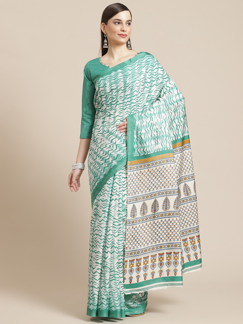 

Mameraa Teal Green & White Printed Poly Silk Saree