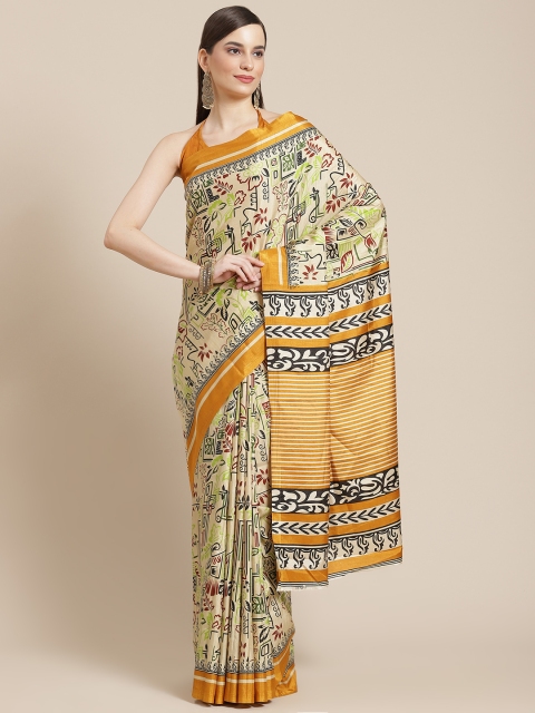 

Mameraa Mustard & Cream-Coloured Floral Poly Silk Saree