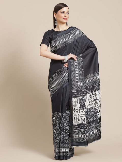 

Mameraa Navy Blue & White Ethnic Motifs Poly Silk Saree