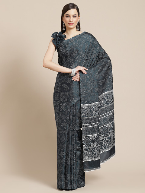 

Mameraa Blue & White Ethnic Motifs Poly Silk Saree