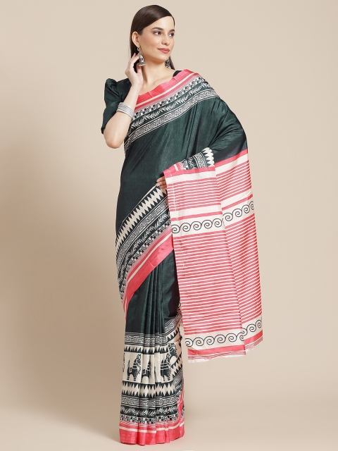 

Mameraa Teal Blue & Pink Ethnic Motifs Poly Silk Saree
