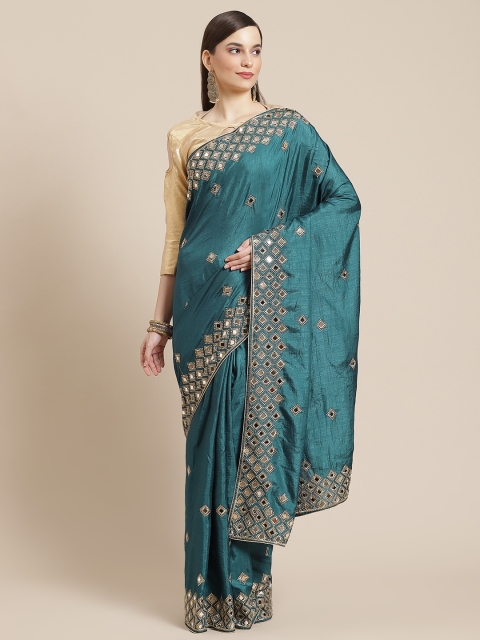 

Mameraa Teal & Gold Ethnic Motifs Mirror Work Silk Blend Saree