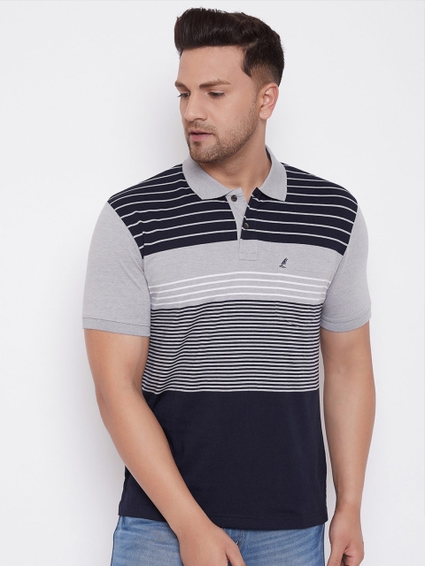 

HARBORNBAY Men Grey & Navy Blue Striped Polo Collar T-shirt