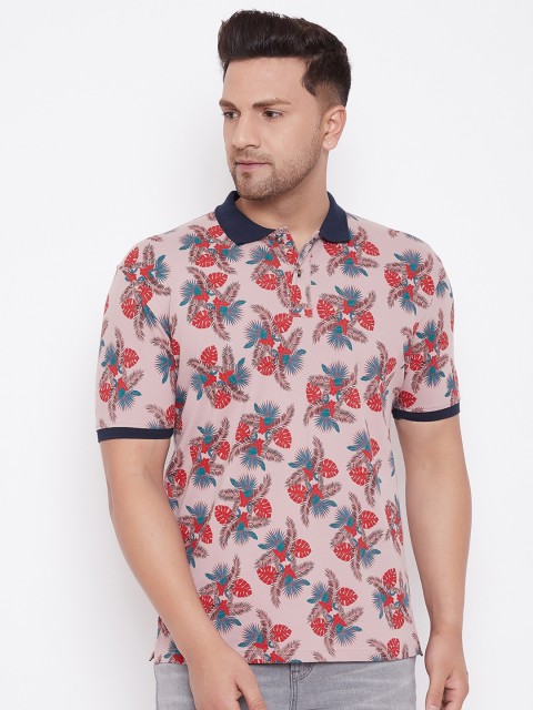 

HARBORNBAY Men Pink Tropical Printed Polo Collar T-shirt