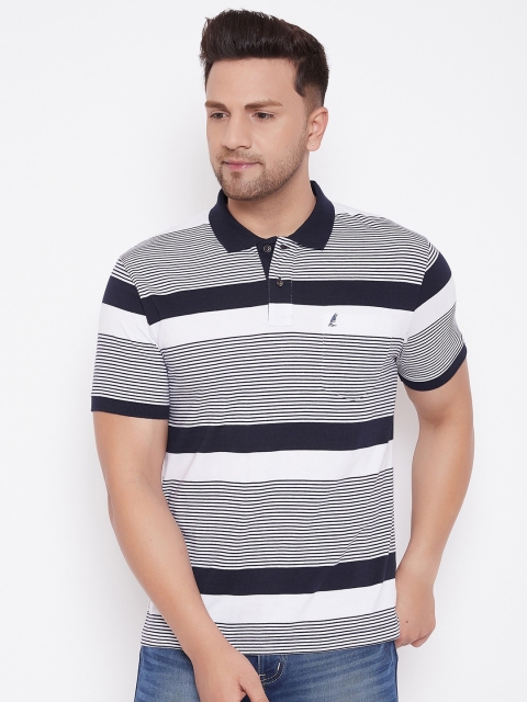 

HARBORNBAY Men Navy Blue & White Striped Polo Collar T-shirt