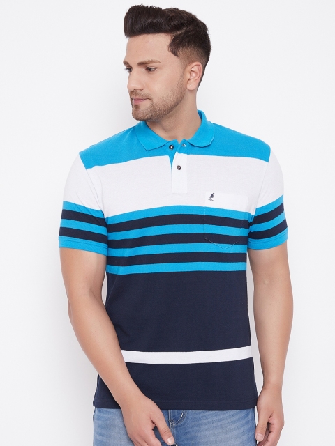 

HARBORNBAY Men Blue and Black Striped Polo Collar T-shirt