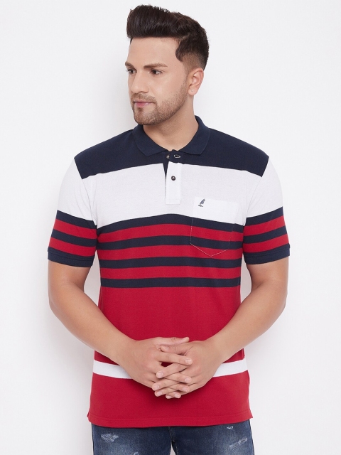 

HARBORNBAY Men Navy Blue & Red Striped Polo Collar T-shirt