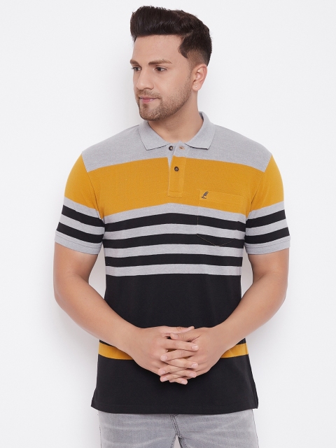 

HARBORNBAY Men Grey and Black Striped Polo Collar T-shirt