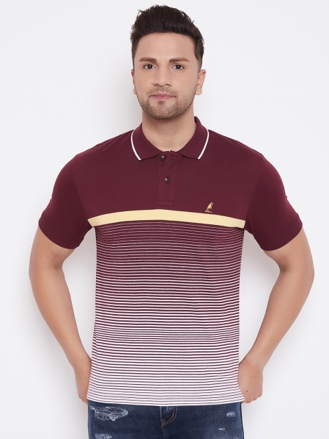 

HARBORNBAY Men Maroon & White Striped Polo Collar T-shirt