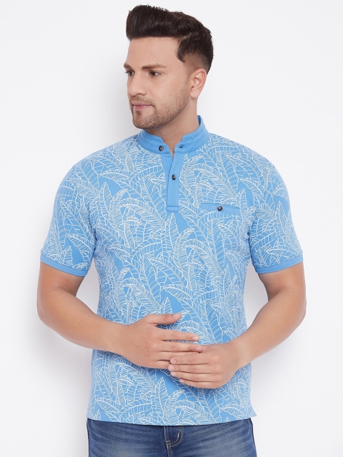 

HARBORNBAY Men Blue & White Printed Mandarin Collar Tropical T-shirt