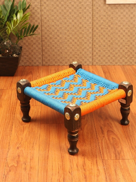

EXIM DECOR Blue & Orange Handcrafted Wooden Rope Chowki Showpiece