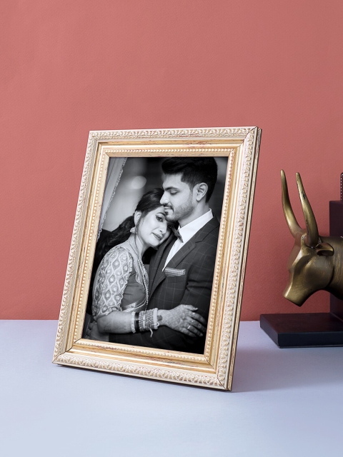 

Golden Peacock Gold-Toned & White Textured Wooden Table Photo Frame