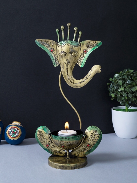 

Golden Peacock Gold-Toned & Green Handpainted Iron Ganesha Tea Light Candle Holder