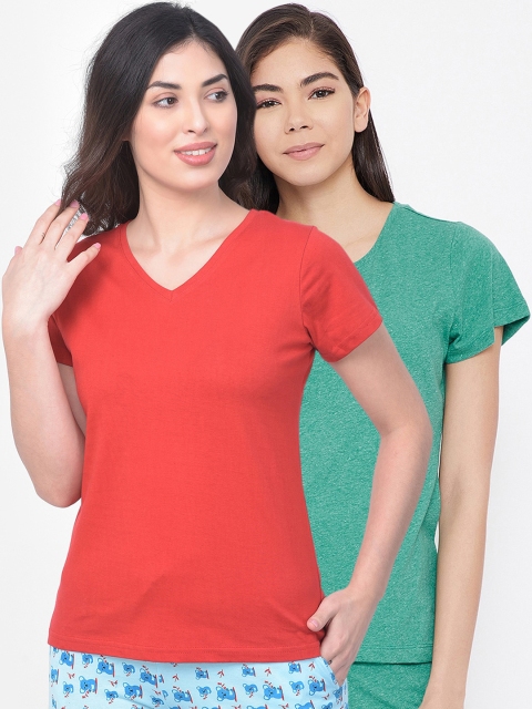 

Clovia Women Pack Of 2 Solid Cotton Lounge T-Shirts, Red