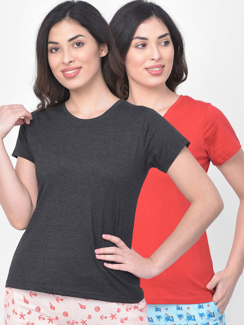

Clovia Women Pack Of 2 Solid Cotton Lounge T-Shirts, Grey