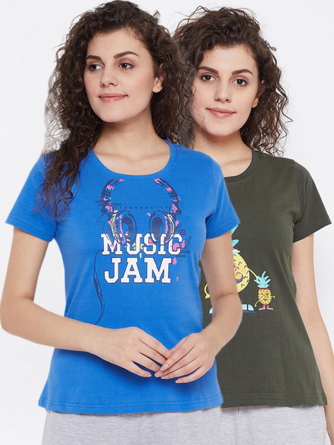 

Clovia Women Pack Of 2 Graphic Printed Cotton Lounge T-Shirts, Blue