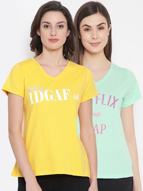 

Clovia Women Pack Of 2 Printed Cotton Lounge T-Shirts, Yellow