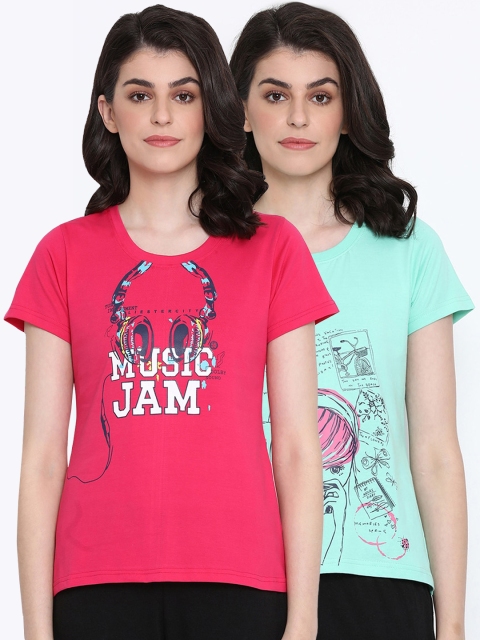 

Clovia Women Pack Of 2 Graphic & Text Printed Cotton Lounge T-Shirts, Pink