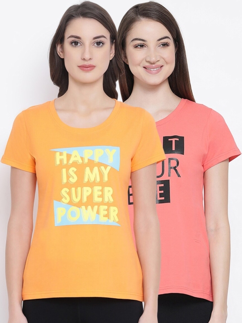 

Clovia Women Pack Of 2 Text Printed Cotton Lounge T-Shirts, Orange