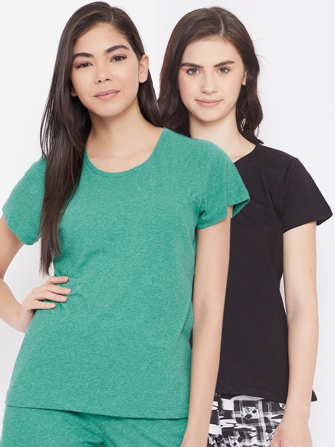 

Clovia Women Pack Of 2 Solid Cotton Lounge T-Shirts, Black