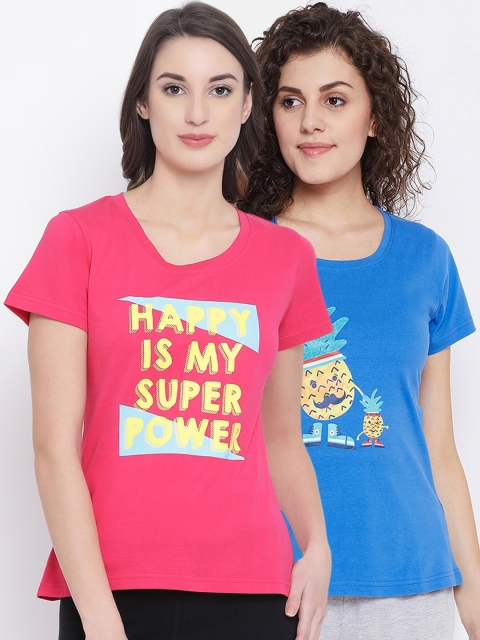 

Clovia Women Pack Of 2 Graphic & Text Printed Cotton Lounge T-Shirts, Pink