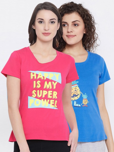 

Clovia Women Pack Of 2 Graphic Printed Cotton Lounge T-Shirts, Blue