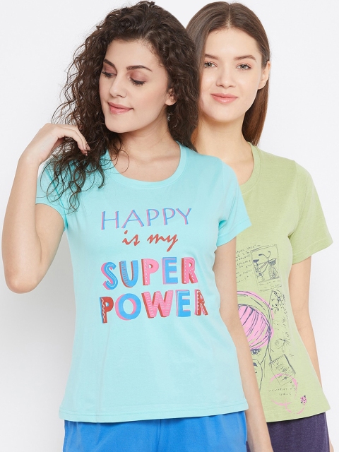 

Clovia Women Pack Of 2 Graphic & Text Printed Cotton Lounge T-Shirts, Green