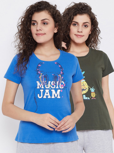 

Clovia Women Pack Of 2 Graphic Printed Cotton Lounge T-Shirts, Green
