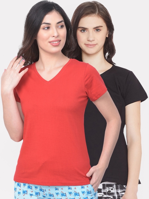 

Clovia Women Pack Of 2 Solid Cotton Lounge T-Shirts, Red