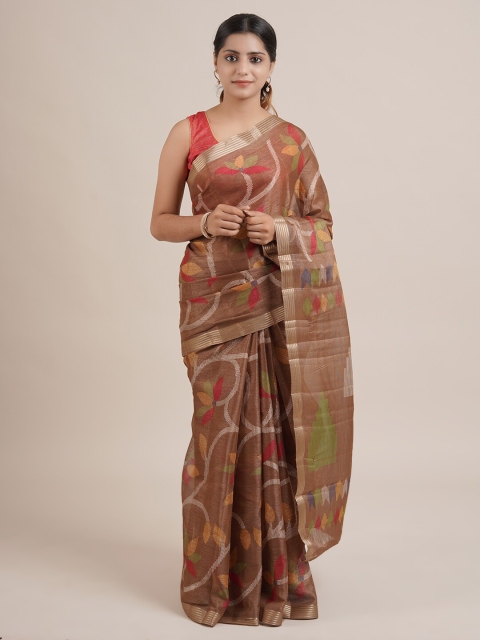 

Pothys Brown & Red Floral Zari Jute Silk Saree