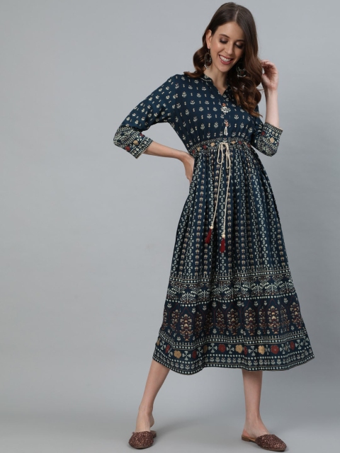 

Ishin Women's Green Block Printed Waist Tie-Up Styled Midi Dress