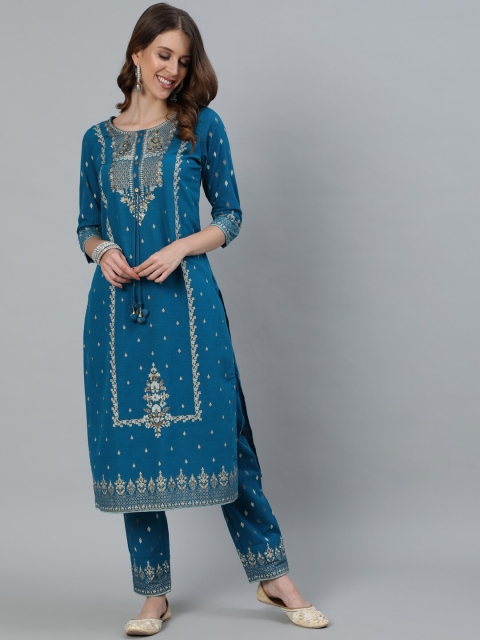 

Ishin Women Teal Ethnic Motifs Embroidered Pure Cotton Kurta with Trousers