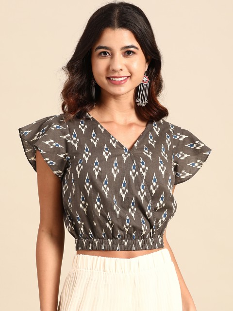 

MABISH by Sonal Jain Charcoal Grey & White Pure Cotton Printed Wrap Crop Top