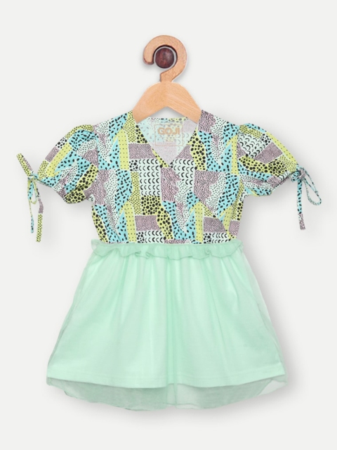 

GOJI Girls Sea Green & Yellow Printed Puff Sleeve Wrap Dress