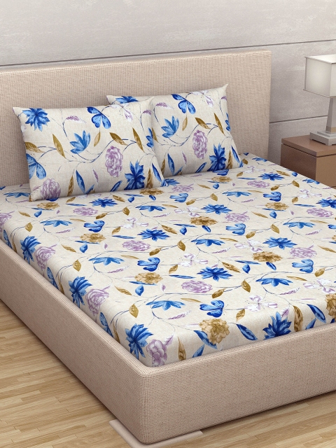 

Divine Casa Off White & Blue Floral 180 TC Queen Bedsheet with 2 Pillow Covers