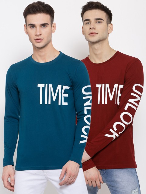 

KAY DEE Men Blue and Maroon Pack of 2 Typography Printed Slim Fit T-shirts