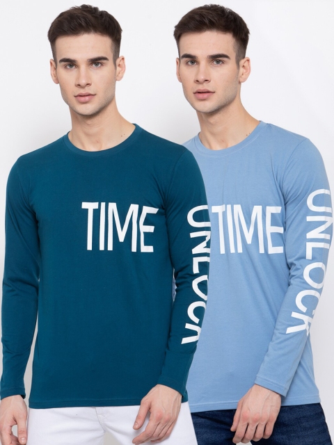 

KAY DEE Men Pack Of 2 Typography Printed Cotton Pure Cotton T-shirts, Blue