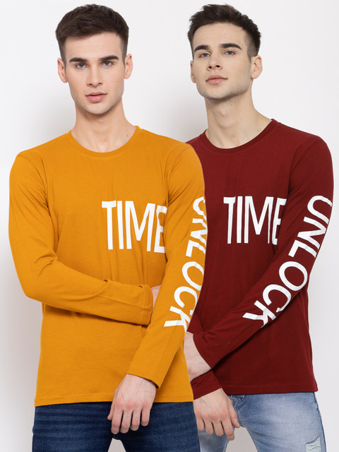 

KAY DEE Men Mustard & Maroon Pack of 2 Typography Printed Slim Fit T-shirts