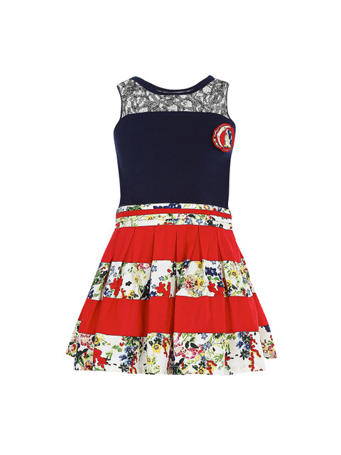 

naughty ninos Girls Navy & Red Floral Print Tiered Dress, Navy blue