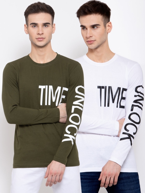 

KAY DEE Men Pack Of 2 Green White Typography Printed Cotton Pure Cotton T-shirts, Olive