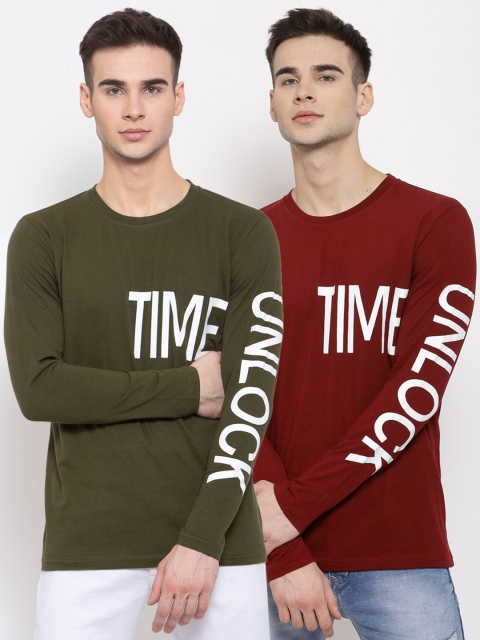 

KAY DEE Men Olive Green Maroon Typography Printed Pack of 2 Slim Fit Pure Cotton T-shirts