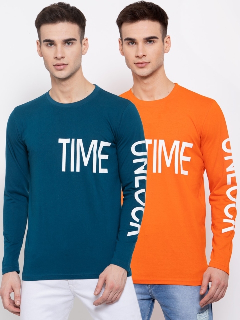 

KAY DEE Men Pack Of 2 Blue Orange Typography Printed Cotton Pure Cotton T-shirts