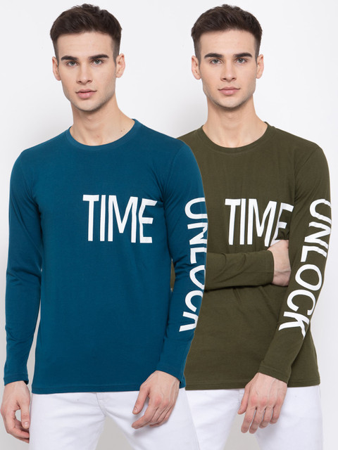 

KAY DEE Men Teal Blue Olive Green Typography 2 Printed Slim Fit Pure Cotton T-shirt