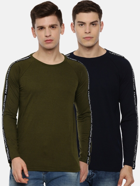 

KAY DEE Men Olive Green & Navy Blue Pack of 2 Typography Printed Slim Fit T-shirts