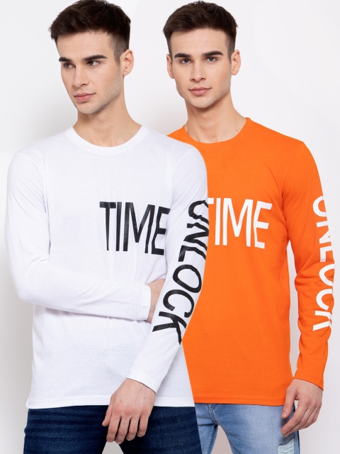 

KAY DEE Men White Orange Typography Printed Pack of 2 Slim Fit Pure Cotton T-shirt
