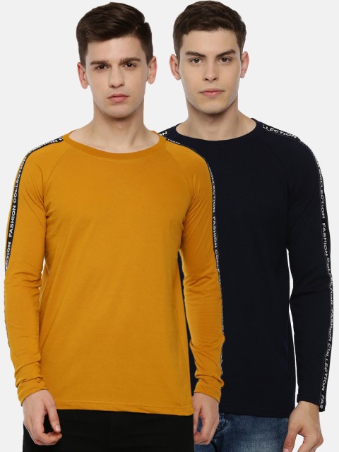 

KAY DEE Men Mustard & Navy Blue Pack of 2 Typography Printed Slim Fit T-shirts
