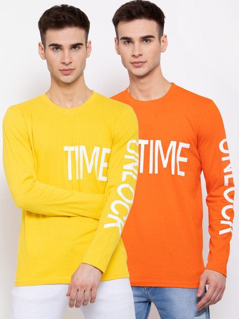 

KAY DEE Men Pack Of 2 Yellow Orange Typography Printed Cotton Pure Cotton T-shirts