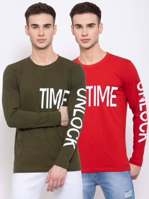 KAY DEE Men Pack of 2 Multicoloured Typography Printed Slim Fit T-shirt, Multi
