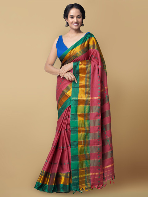 

Unnati Silks Maroon & Green Woven Design Silk Cotton Narayan Peth Saree